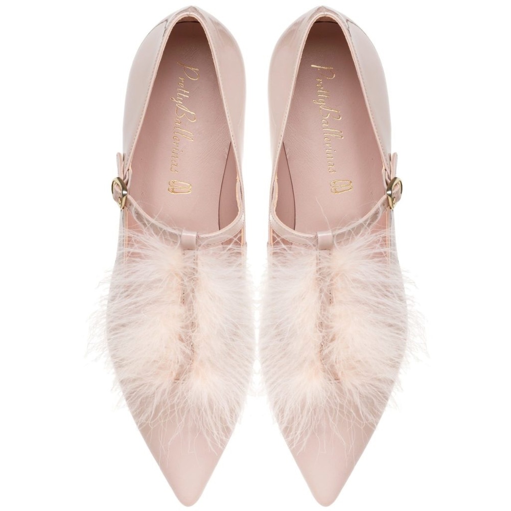Pretty Ballerinas Blush Patent Feather-Trim Mary Jane Flats size 38
